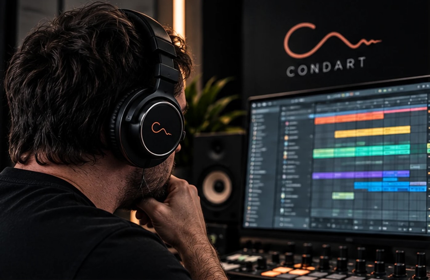 Productor con auriculares frente a un monitor con el logo de Condart, revisando una sesión del curso