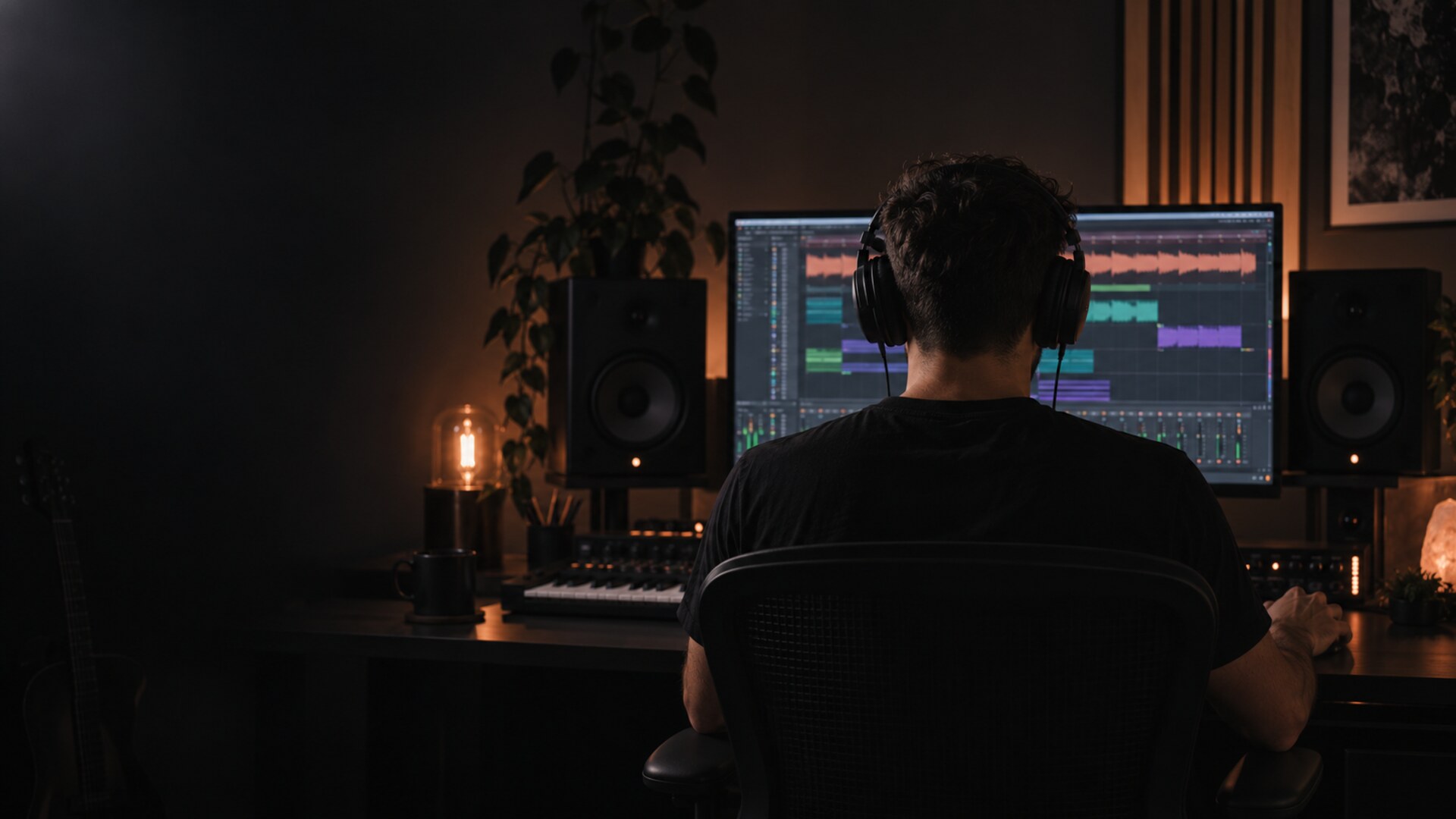 Productor de espaldas mezclando música electrónica en su estudio con auriculares y monitores