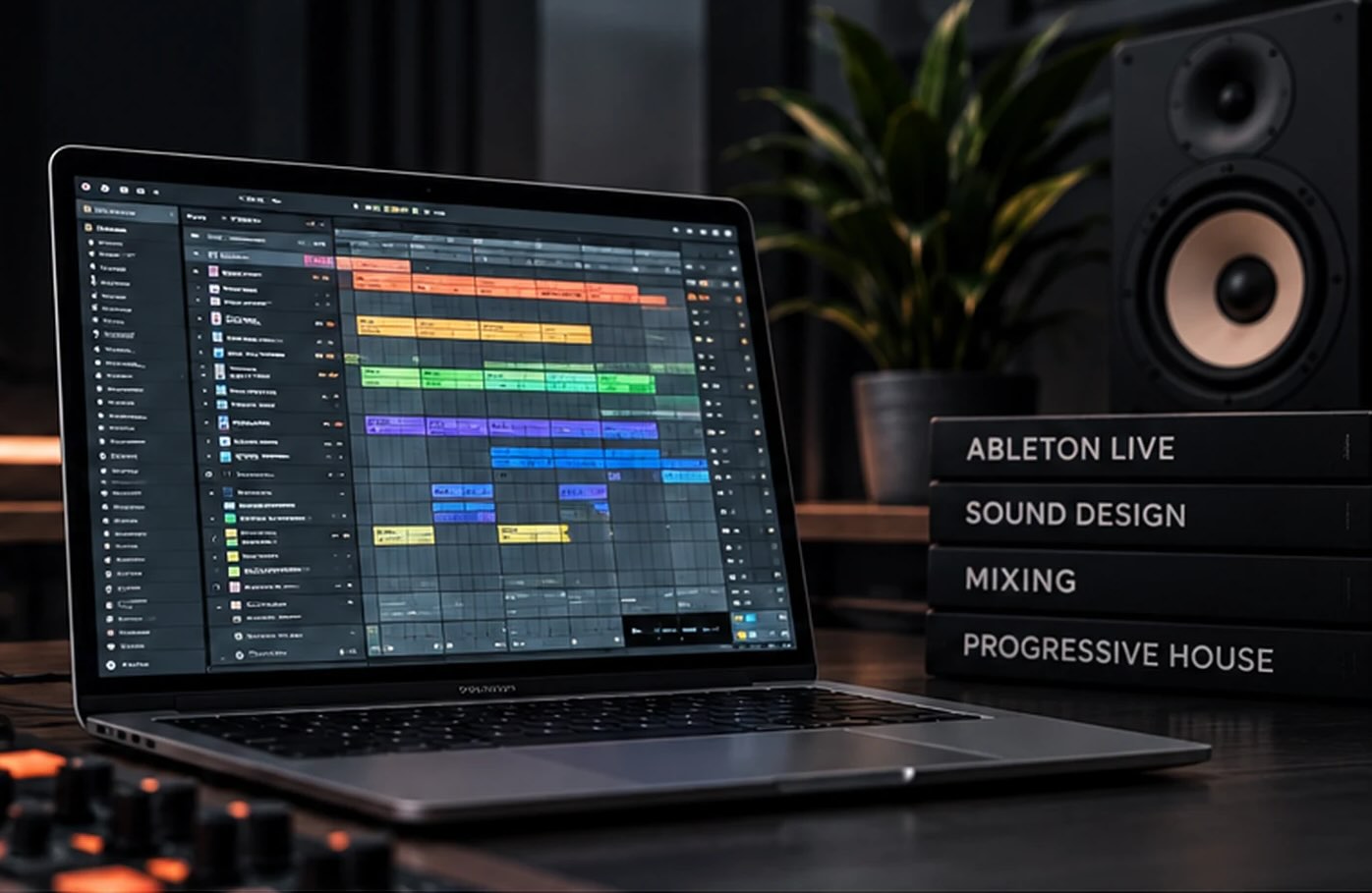 Portátil con un proyecto de Ableton Live abierto junto a los módulos del curso: Ableton Live, Sound Design, Mixing y Progressive House
