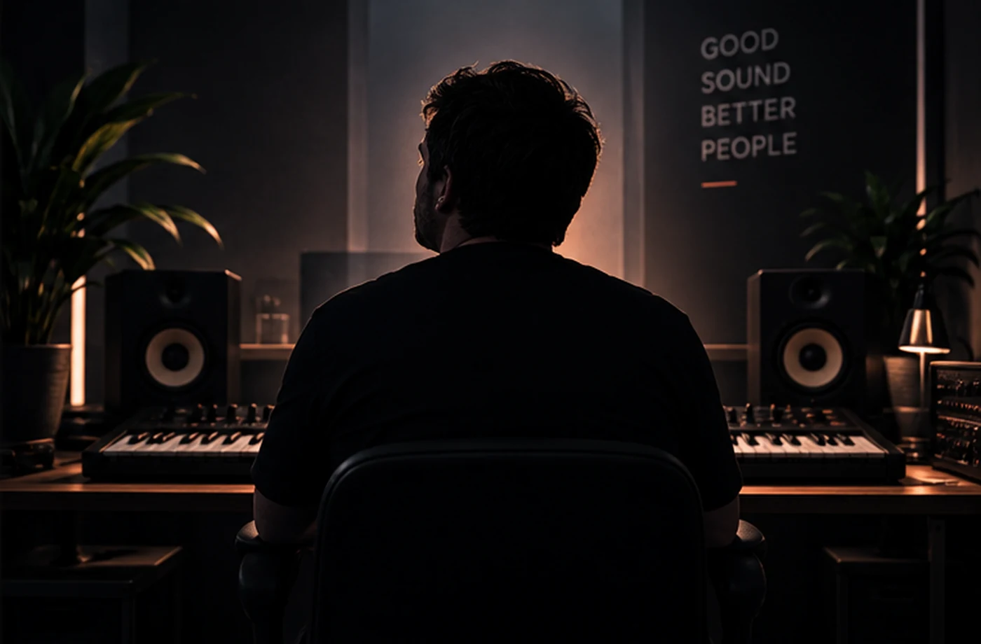Productor de espaldas en su estudio con el mensaje Good Sound, Better People de fondo
