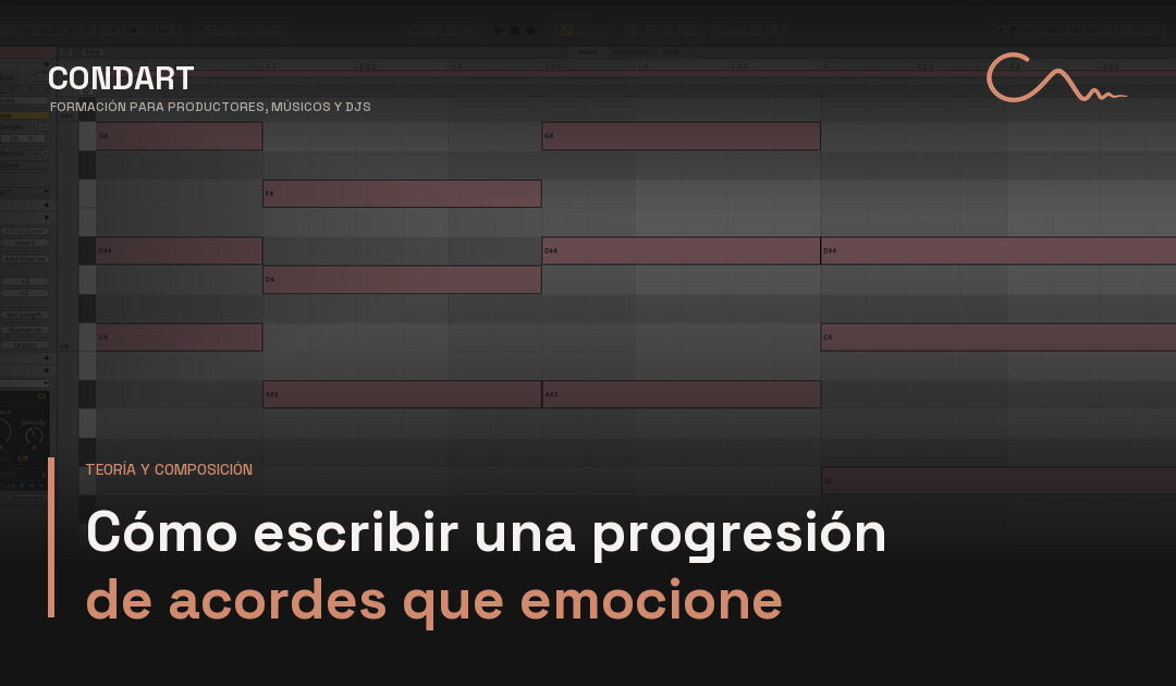 Progresión de acordes de cuatro compases en el piano roll de un DAW