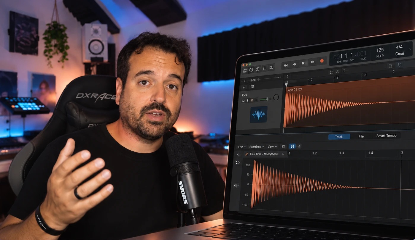 Vicente Roca explicando Logic Pro, con un portátil que muestra la forma de onda de un Kick