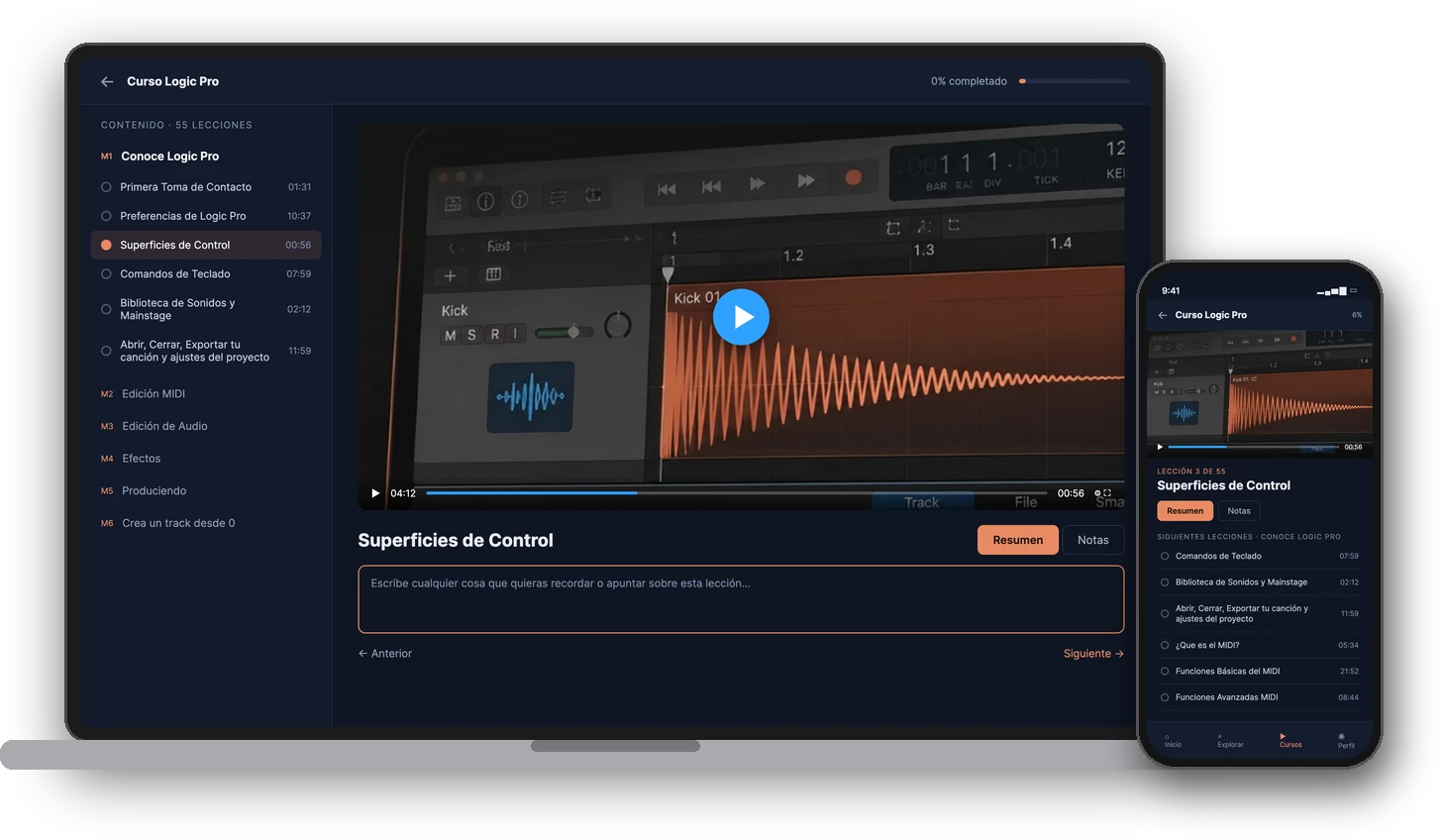 Plataforma de Condart con el curso de Logic Pro en ordenador y móvil