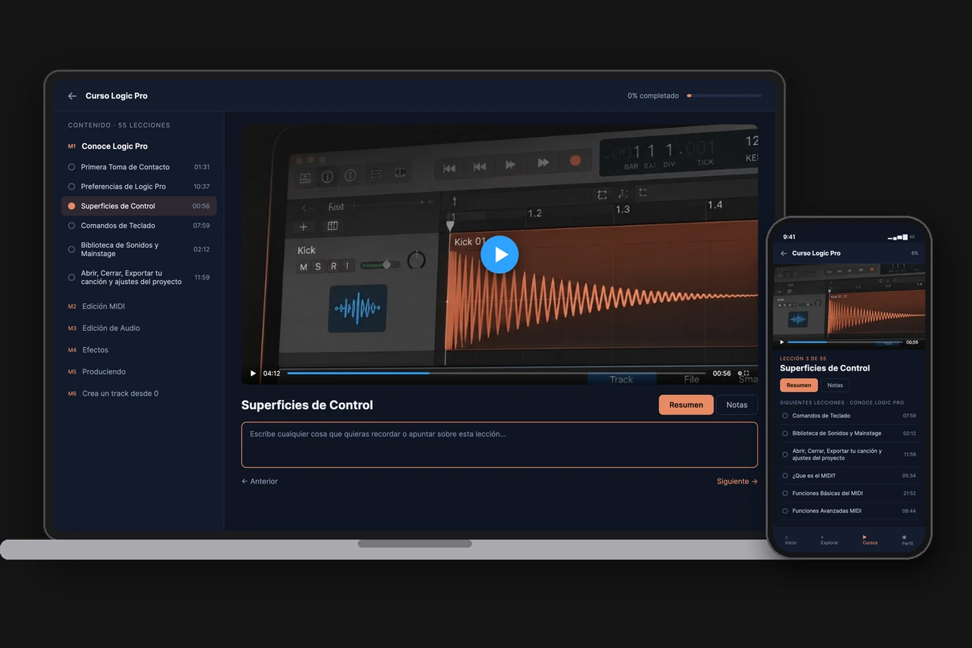 Plataforma de Condart con el curso de Logic Pro en ordenador y móvil