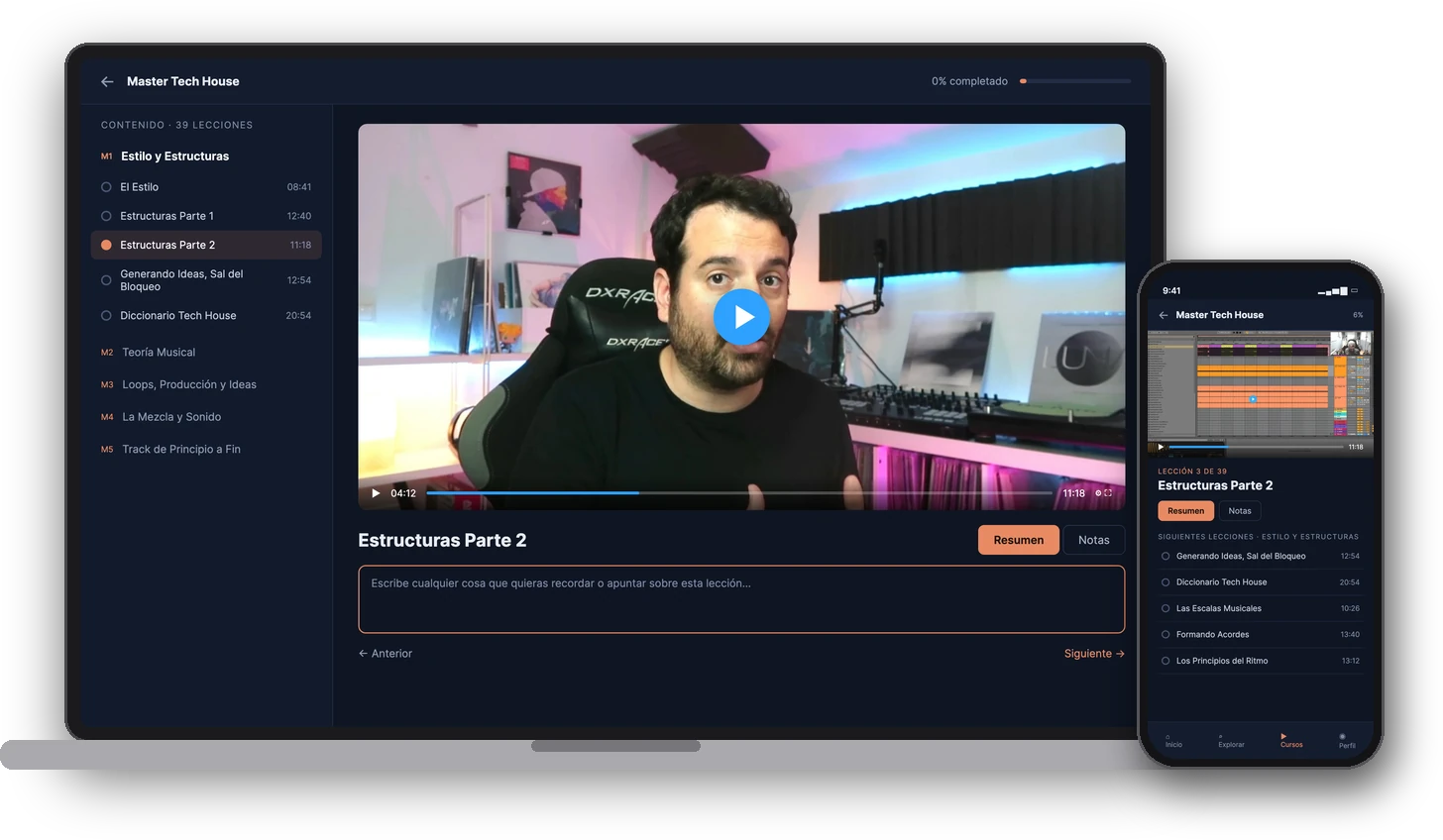 Plataforma de Condart con el Máster Tech House en ordenador y móvil