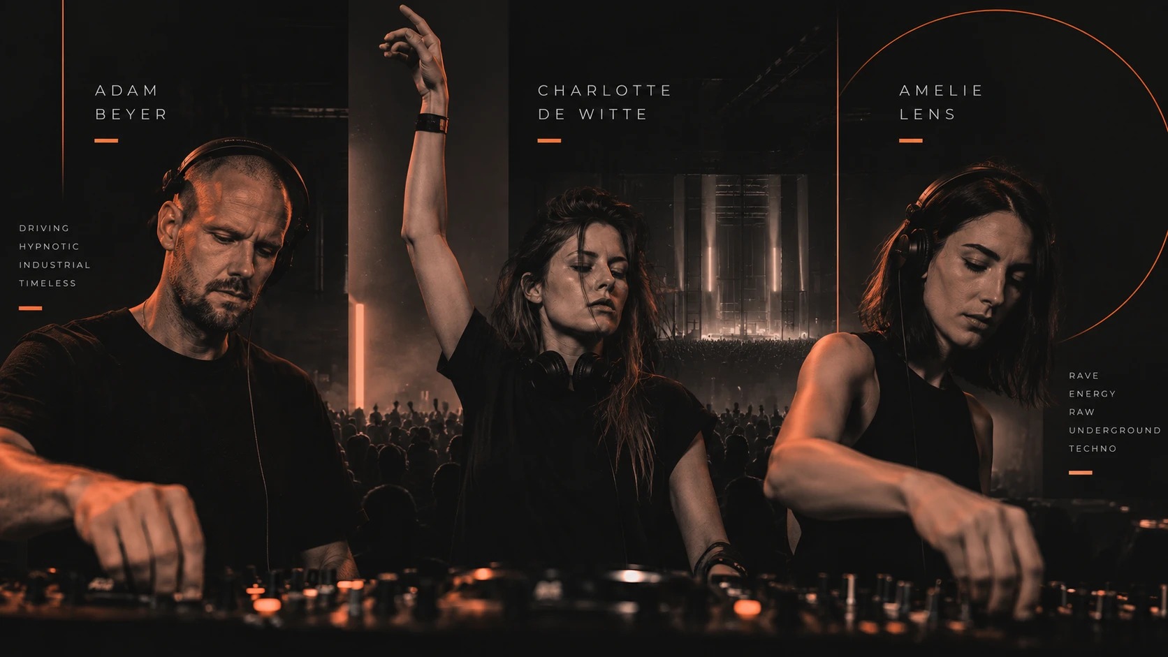 Producción Techno: tres DJs en una cabina frente a una sala llena