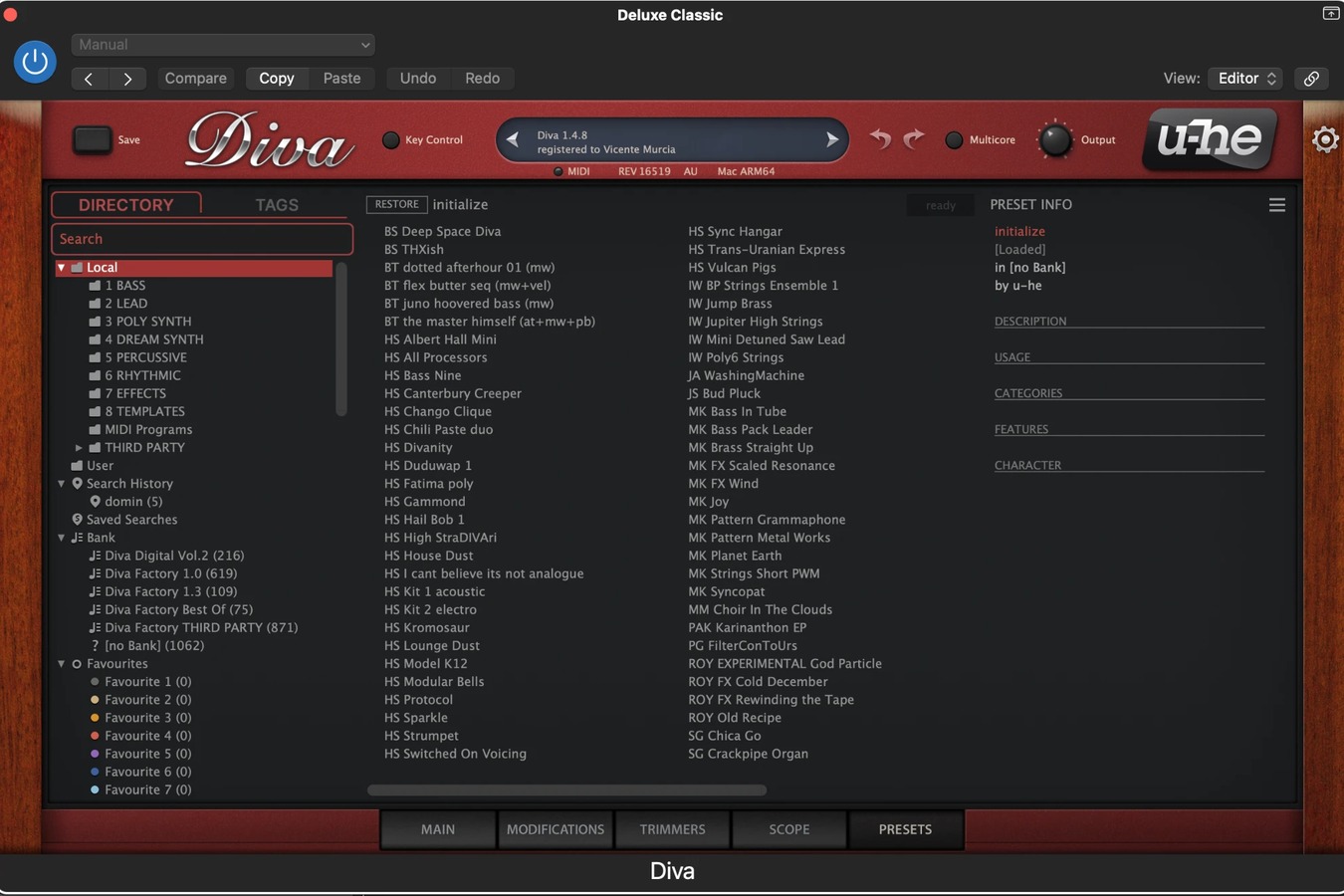 Navegador de presets del sintetizador u-he Diva con sus bancos y carpetas de sonidos