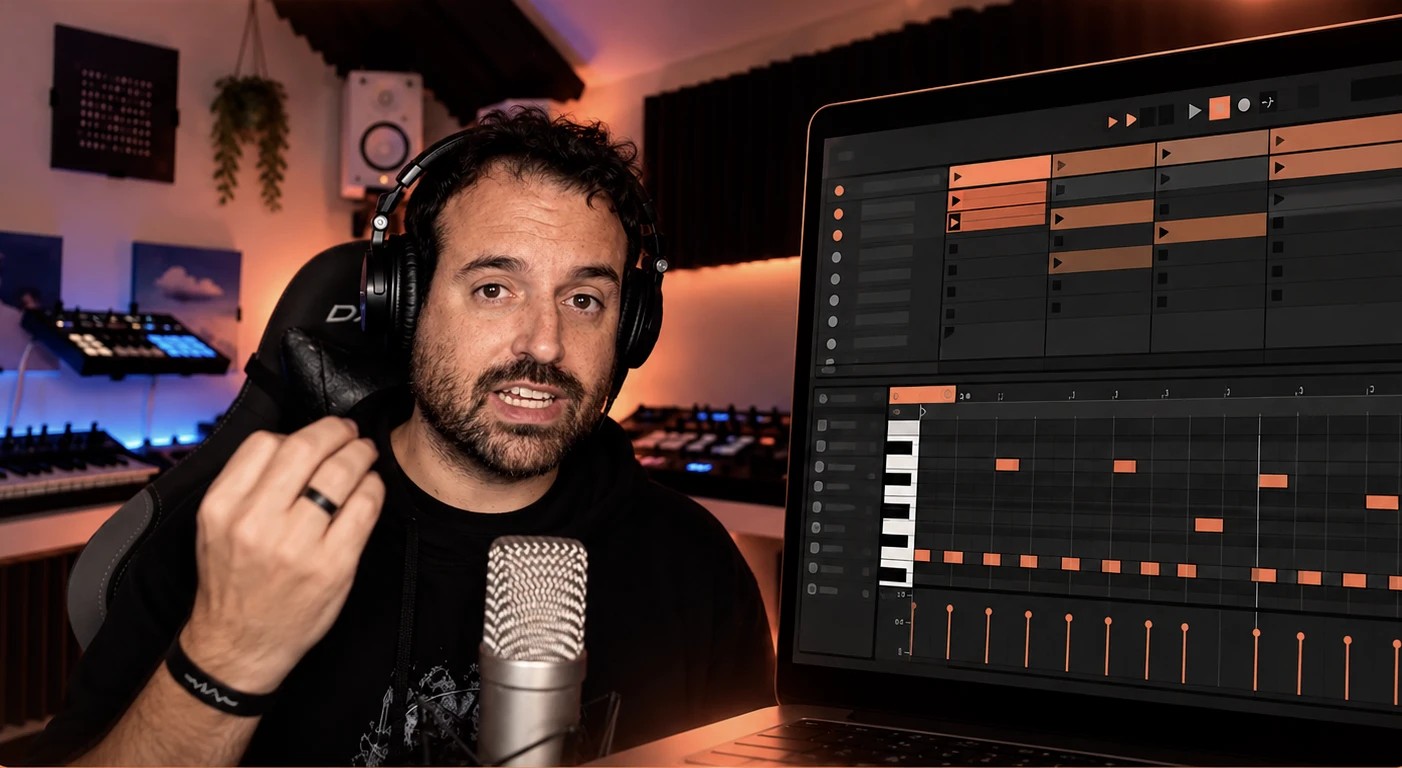 Vicente Roca explicando Ableton Live, con un proyecto abierto en el portátil