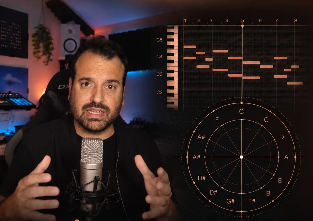 Vicente Roca explicando teoría musical, con un piano roll y el círculo de quintas
