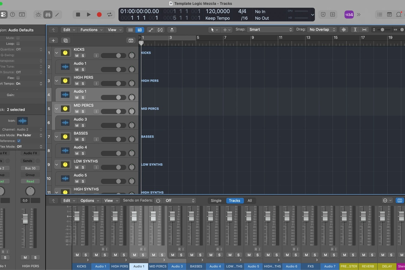 Plantilla de mezcla de Logic Pro con las pistas de Kicks, percusiones, bajos, synths, FXS y los buses de reverb y delay