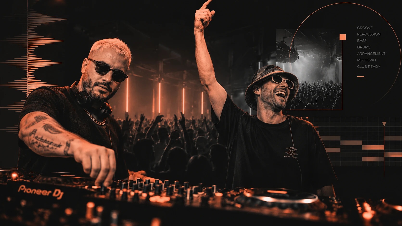 Producción Tech House: dos DJs en una cabina frente a la pista