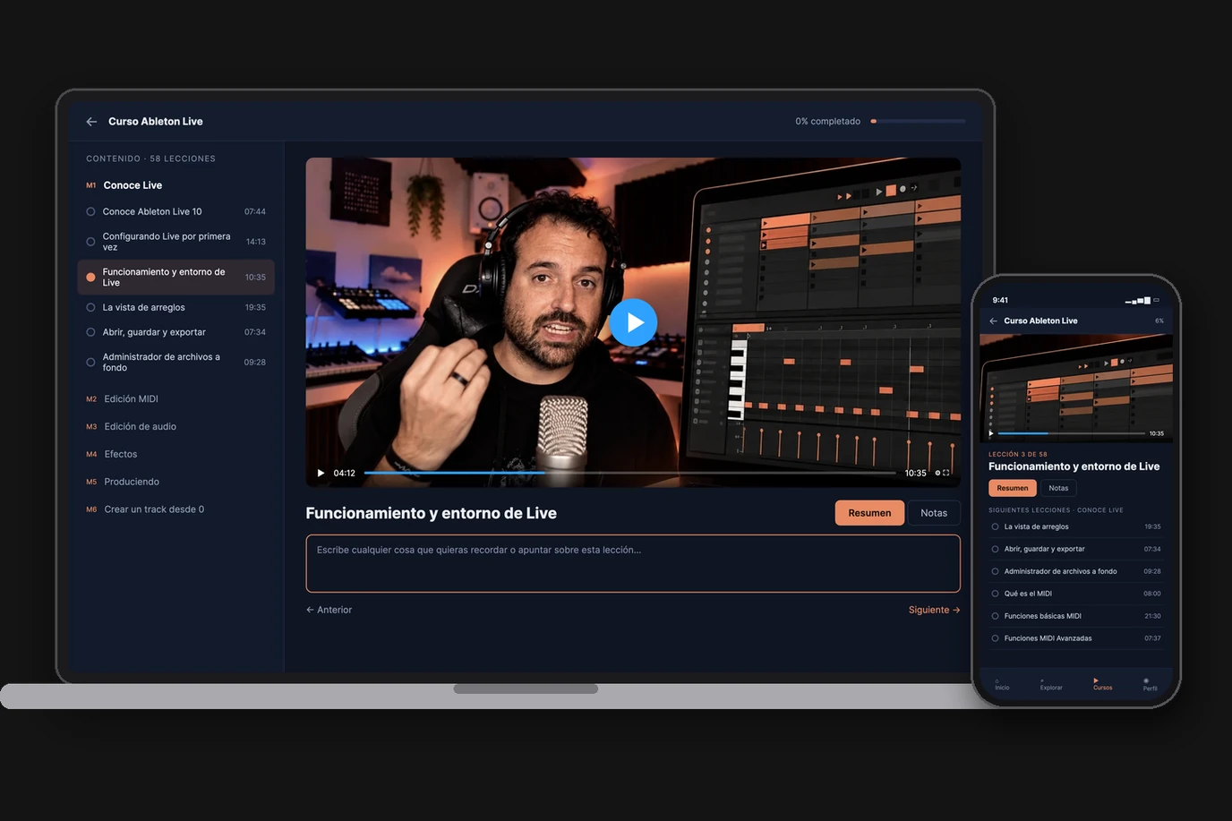 Plataforma de Condart con el curso de Ableton Live en ordenador y móvil