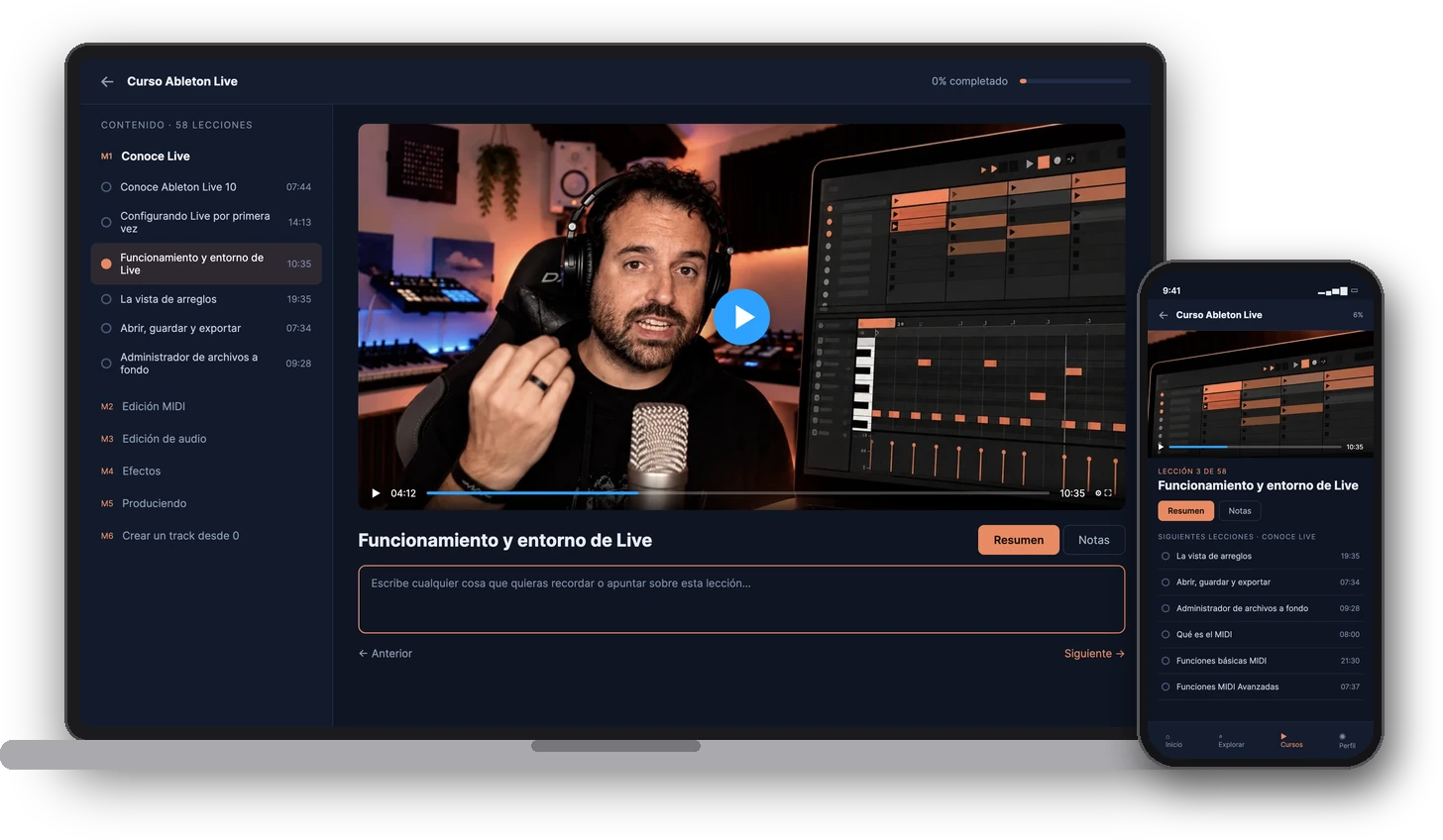 Plataforma de Condart con el curso de Ableton Live en ordenador y móvil