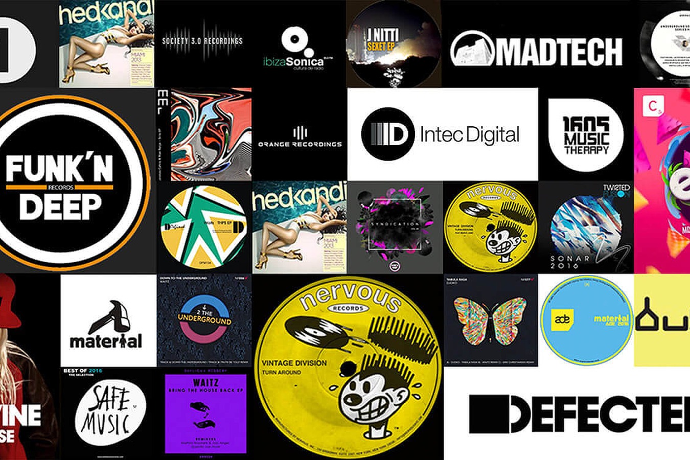 Collage de portadas y logotipos de sellos discográficos y emisoras de música electrónica
