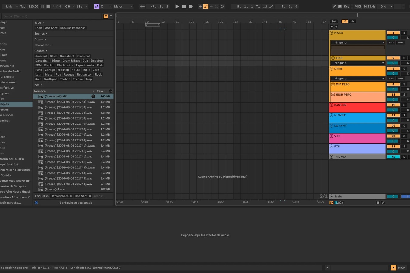 Plantilla de producción de Ableton Live con los grupos Kicks, Drums, Percusiones, Bass, Synths, Vox y FX y las pistas de retorno